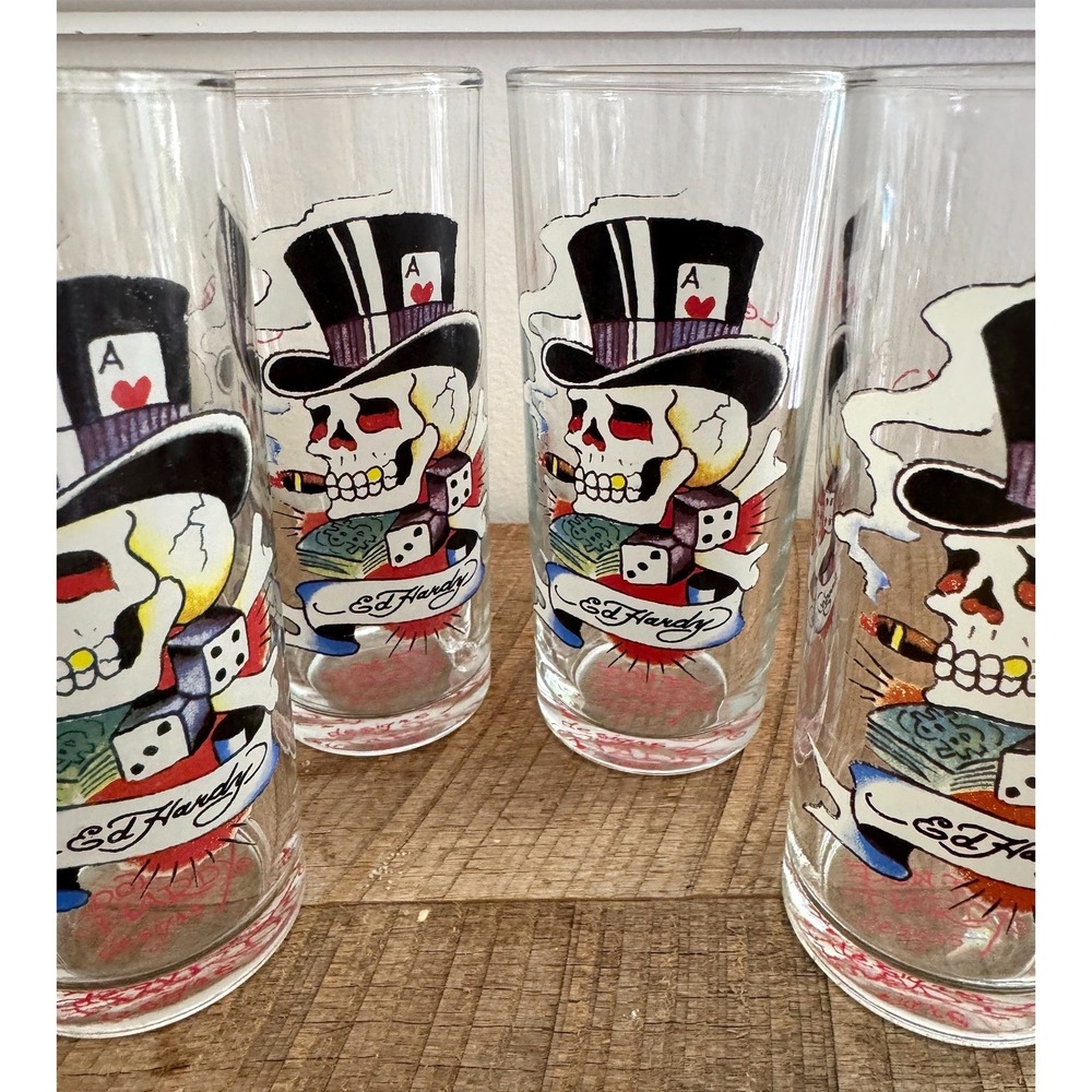 Vintage Ed Hardy "Skull Hat Gamble" 16oz Pint Glasses Y2K